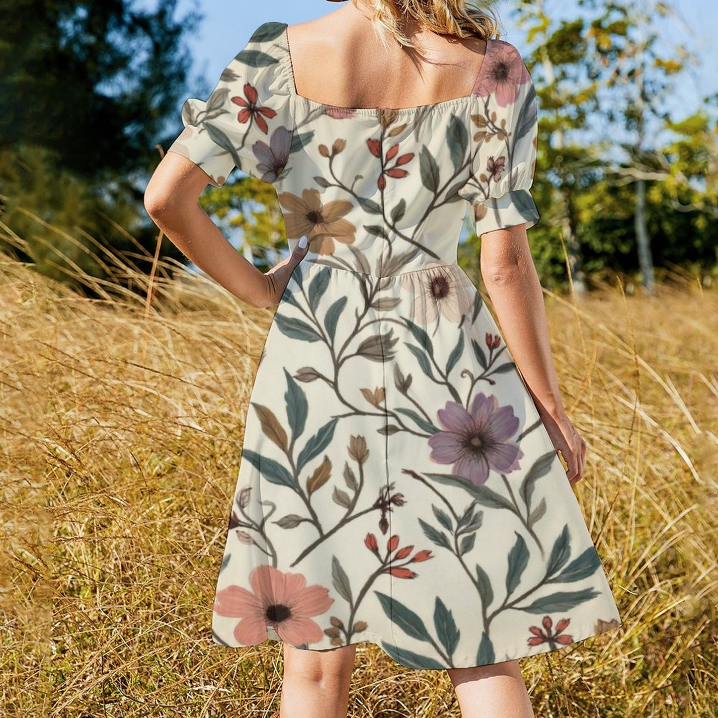 Robe Courte Évasée à Manches Bouffantes