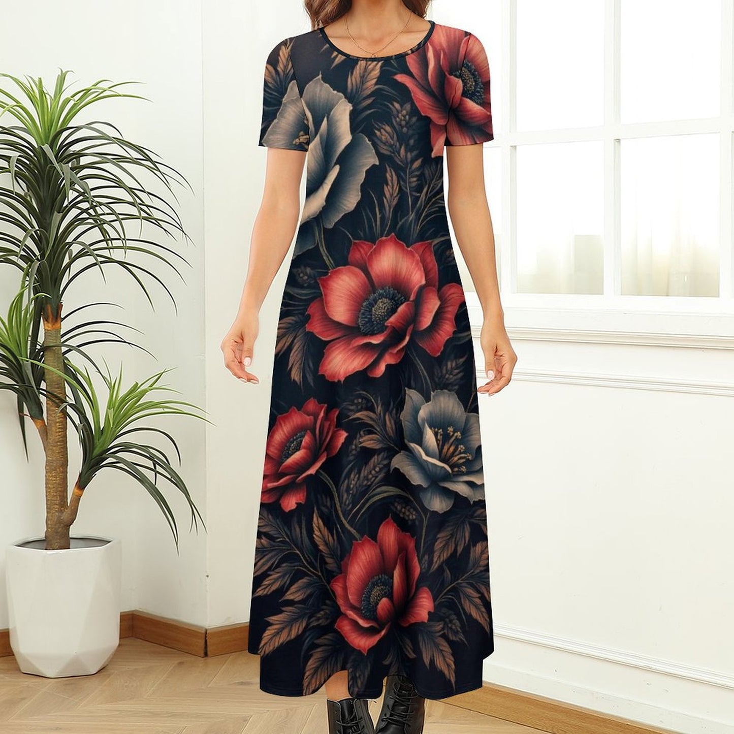 Round neck short sleeve dress Short Sleeve Round-Neck Long Dress