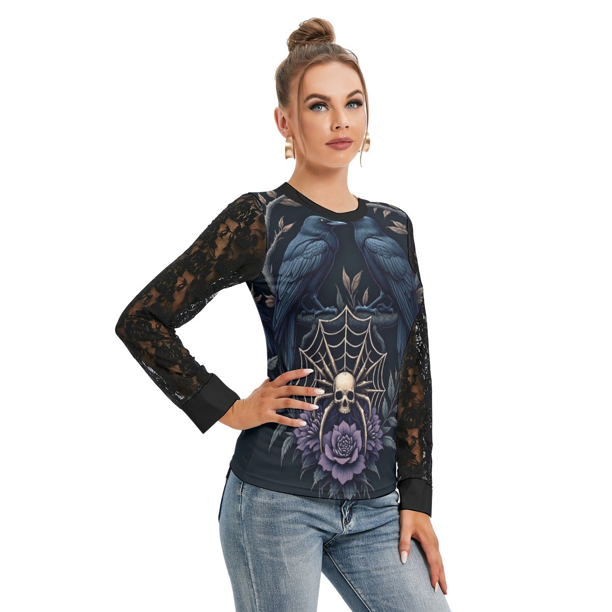 T-shirt Manches Longues Avec Dentelle Noire