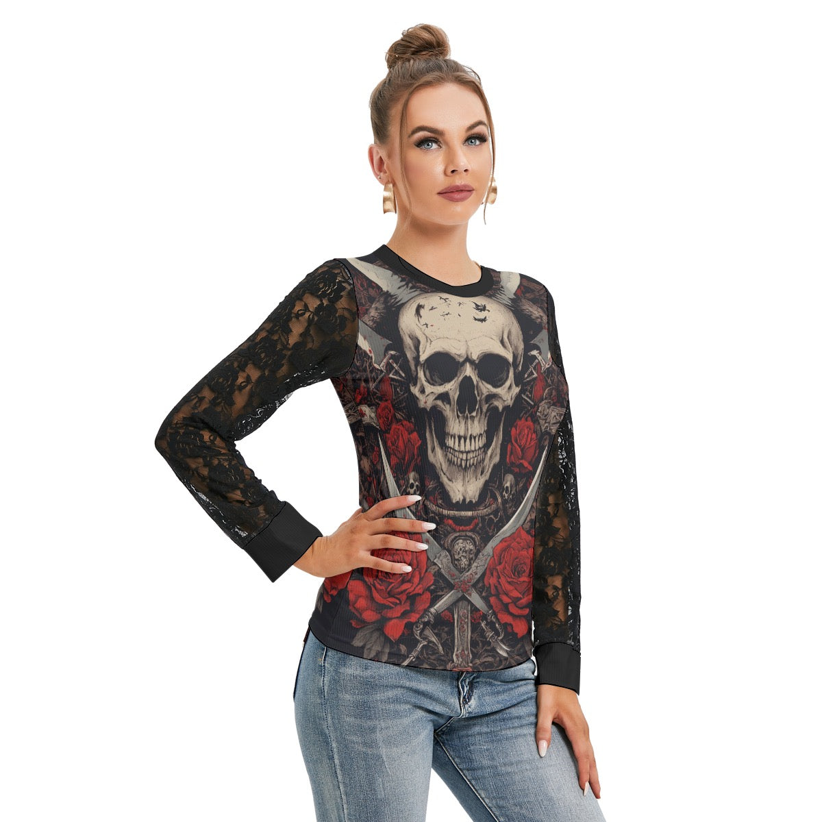 T-shirt Manches Longues Avec Dentelle Noire