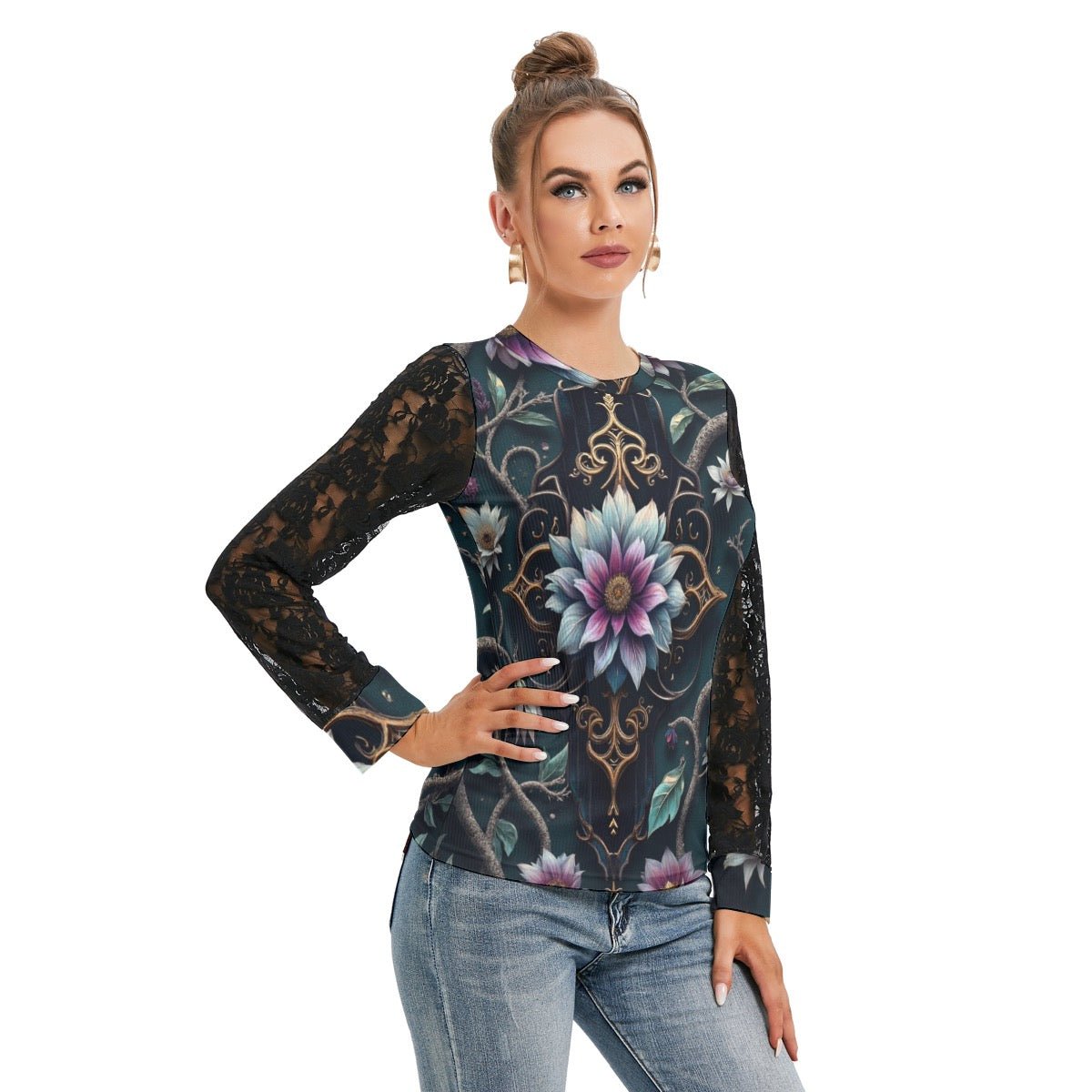 T-shirt Manches Longues Avec Dentelle Noire