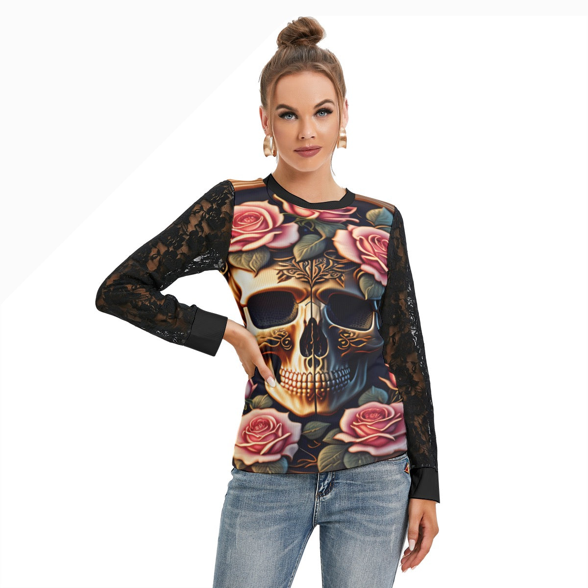 T-shirt Manches Longues Avec Dentelle Noire