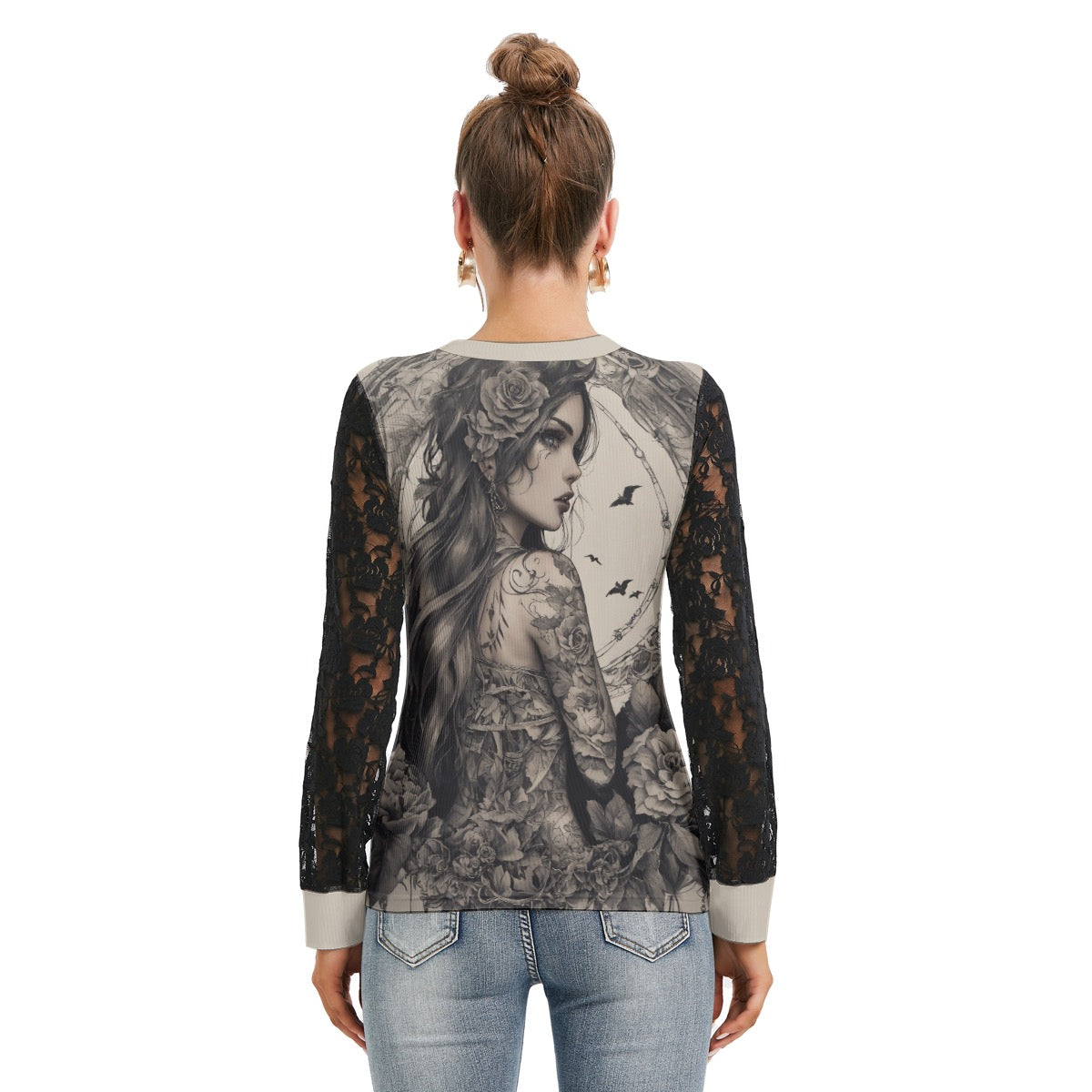 T-shirt Manches Longues Avec Dentelle Noire