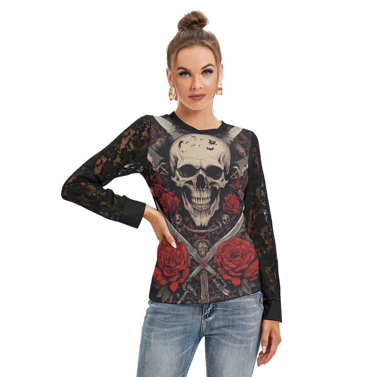T-shirt Manches Longues Avec Dentelle Noire