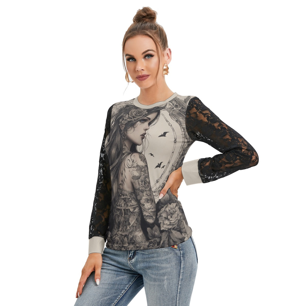 T-shirt Manches Longues Avec Dentelle Noire
