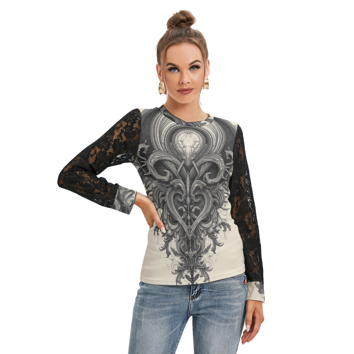 T-shirt Manches Longues Avec Dentelle Noire
