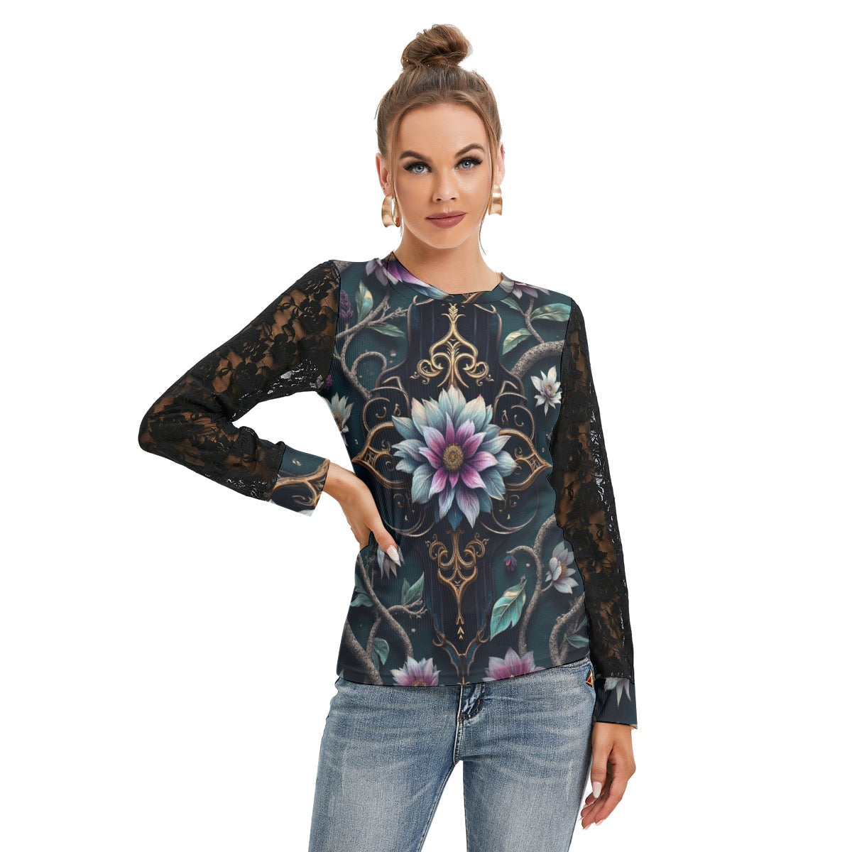 T-shirt Manches Longues Avec Dentelle Noire