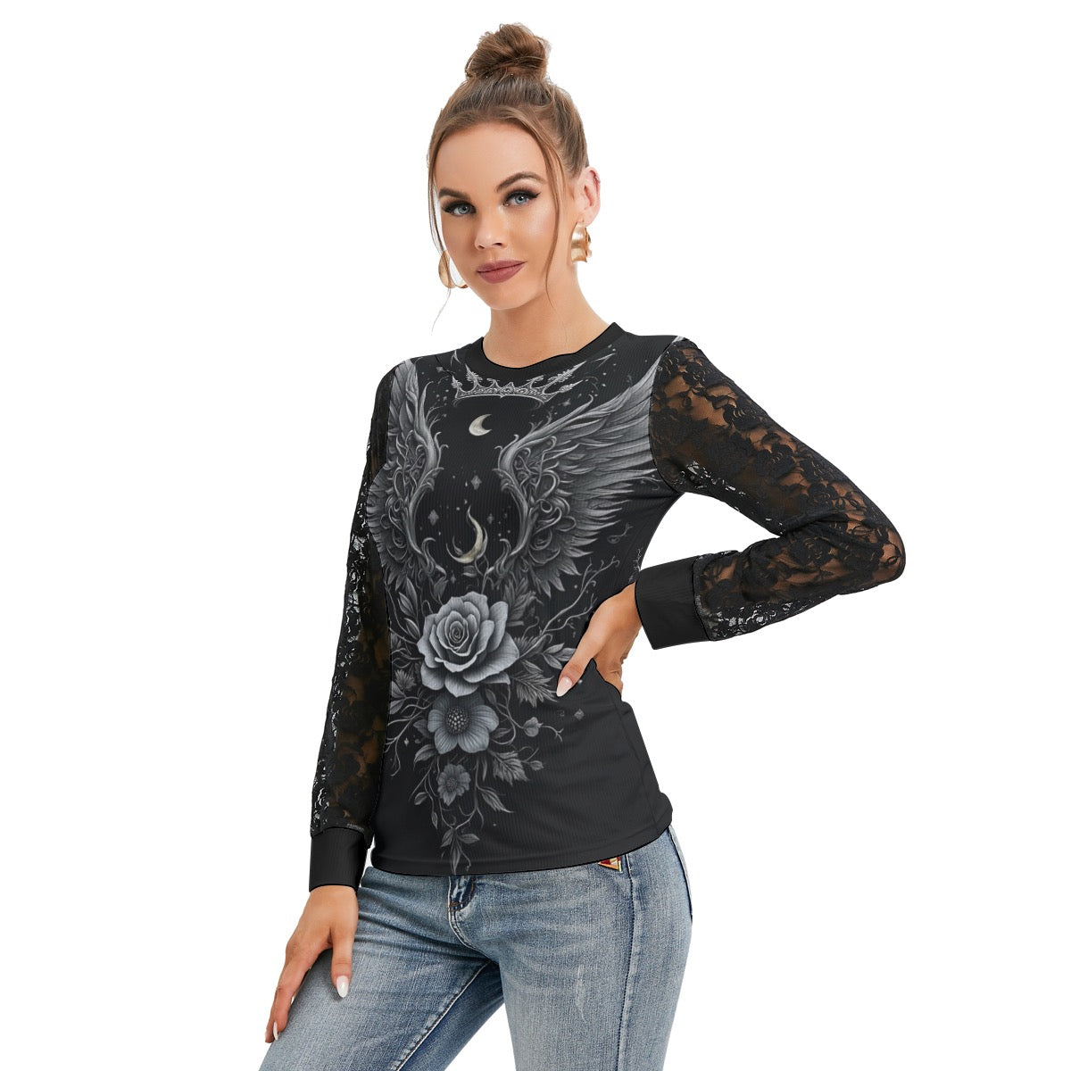 T-shirt Manches Longues Avec Dentelle Noire