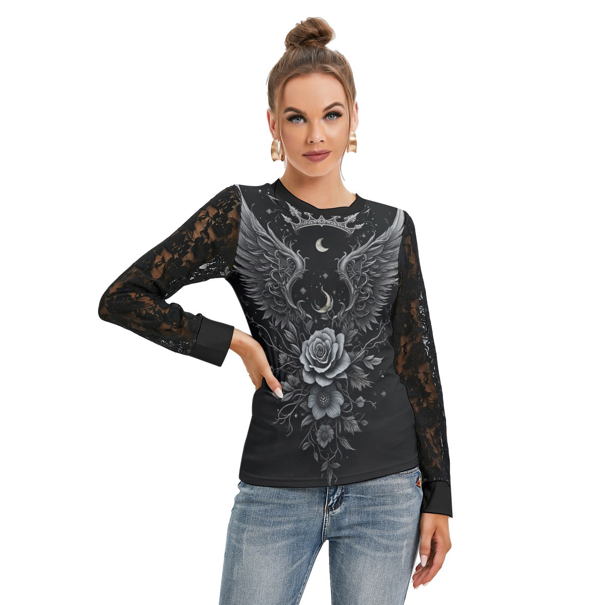 T-shirt Manches Longues Avec Dentelle Noire