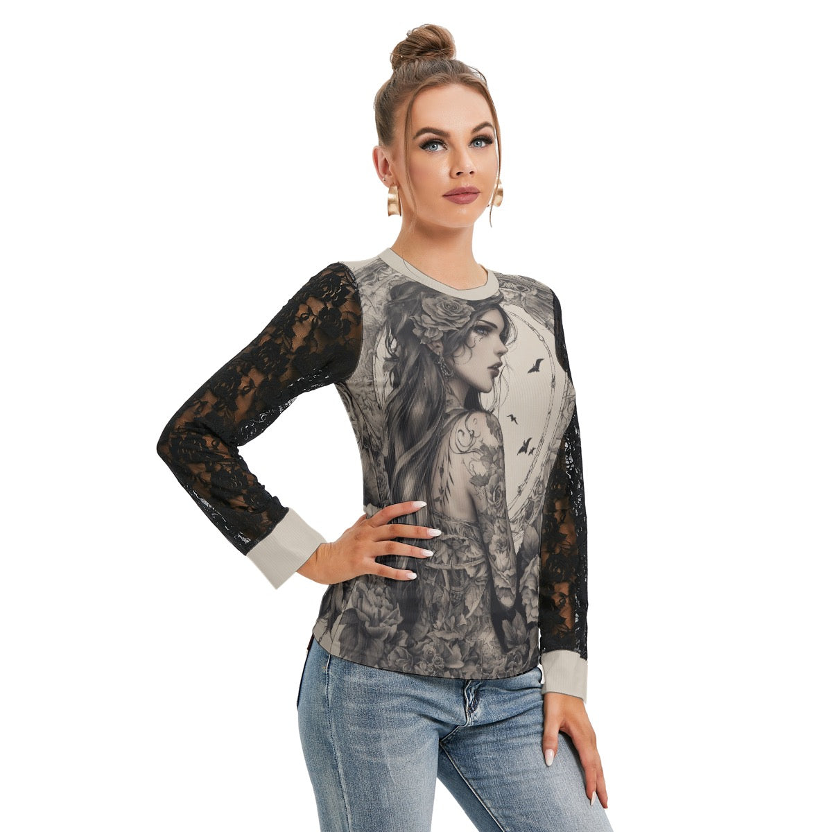 T-shirt Manches Longues Avec Dentelle Noire