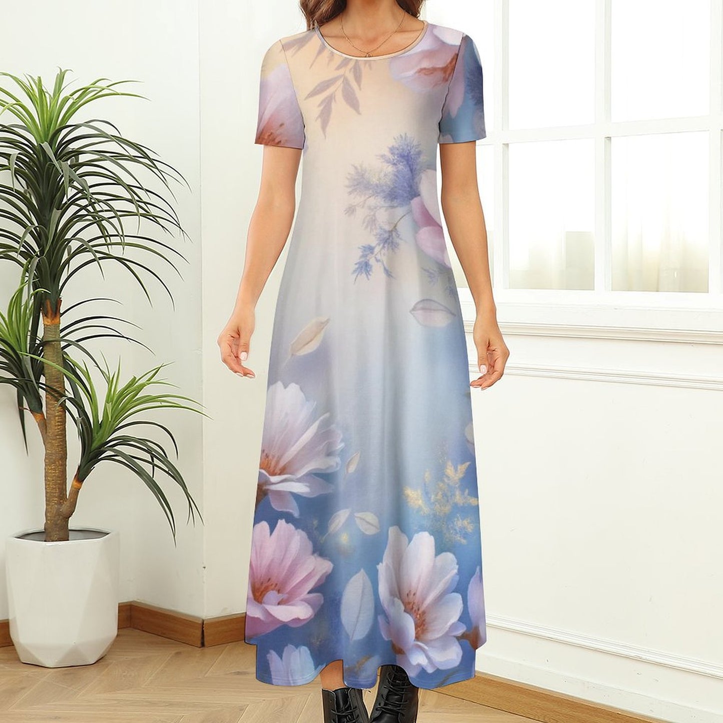 Round neck short sleeve dress Short Sleeve Round-Neck Long Dress