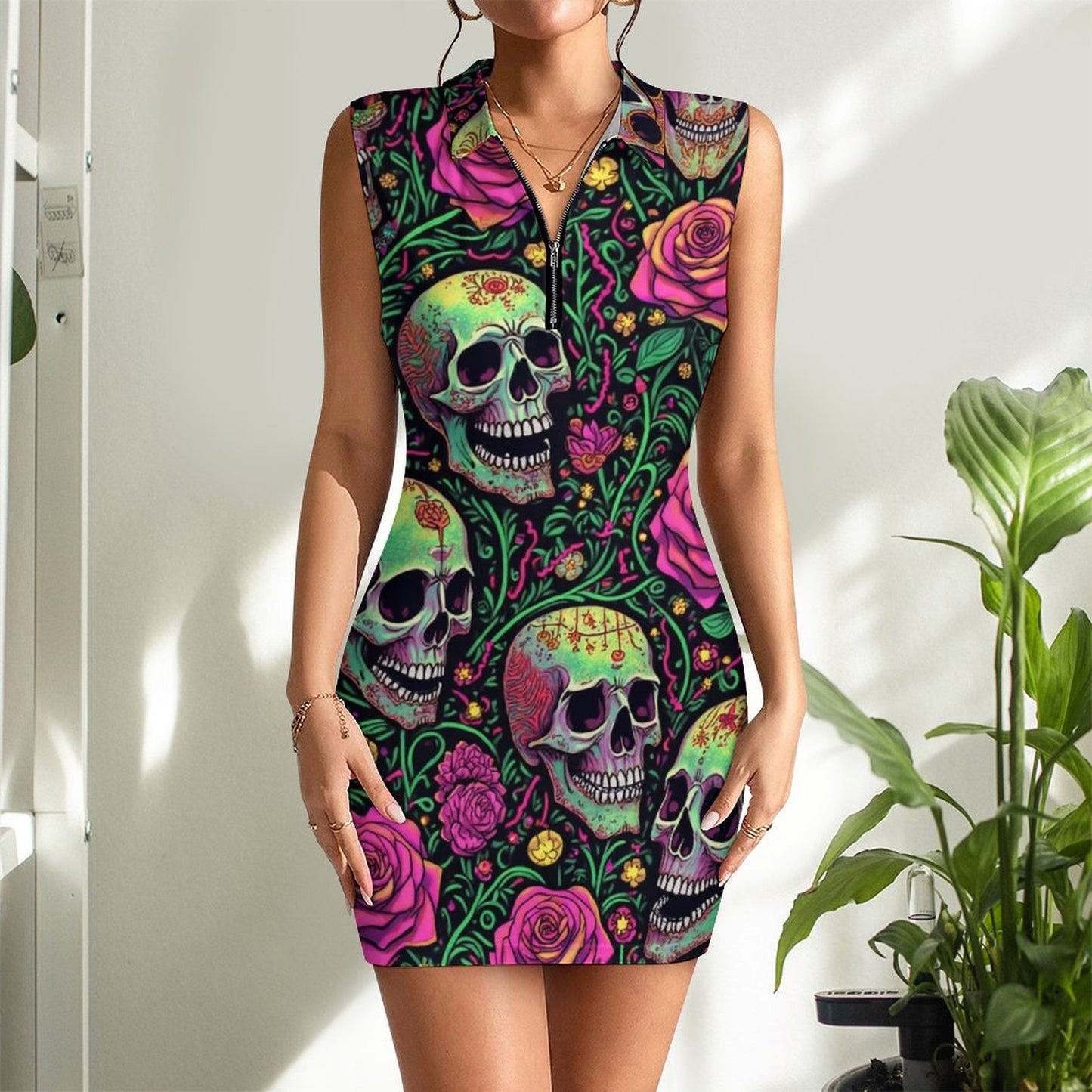 Robe Mini Moulante Zippée sans Manches