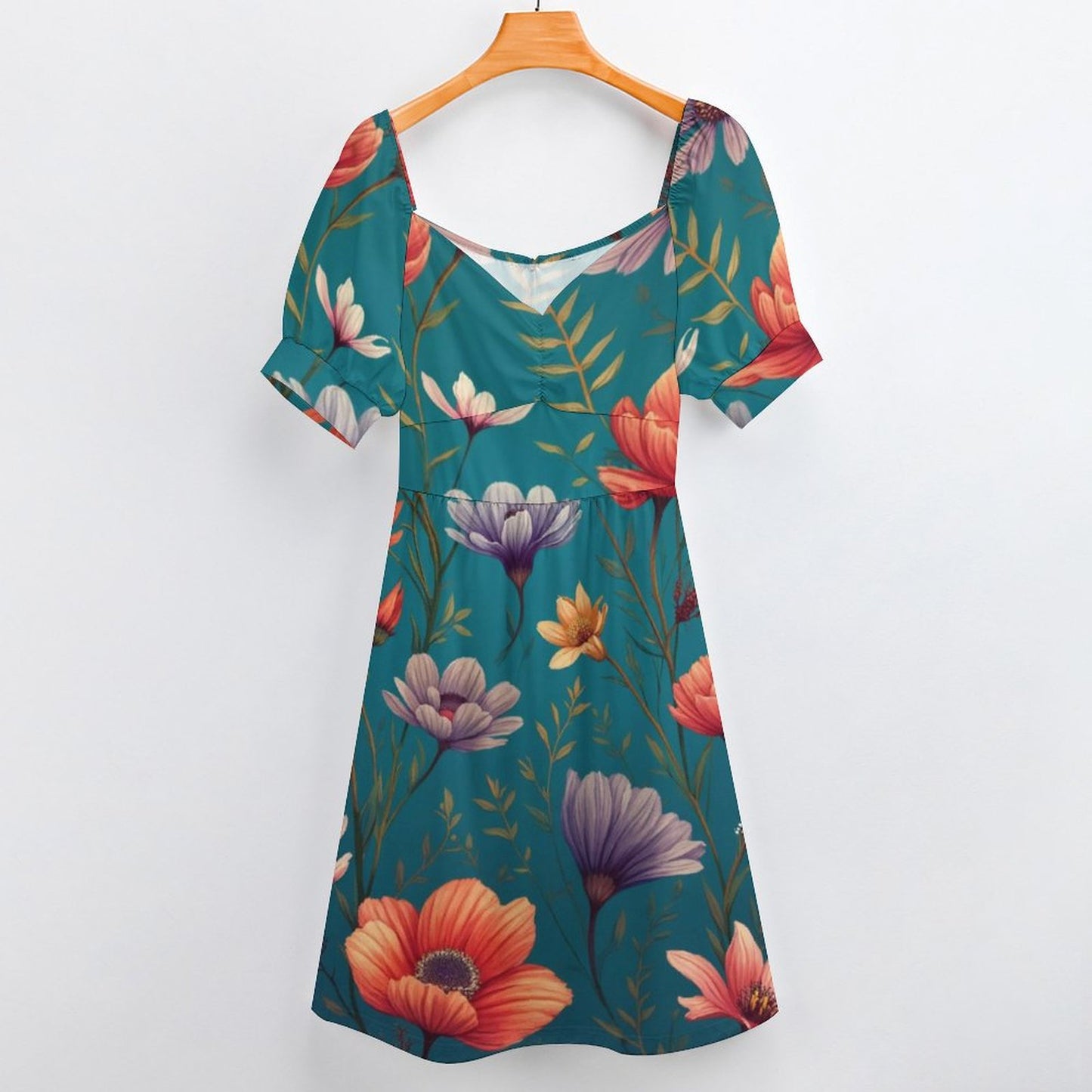 Robe Courte Évasée à Manches Bouffantes