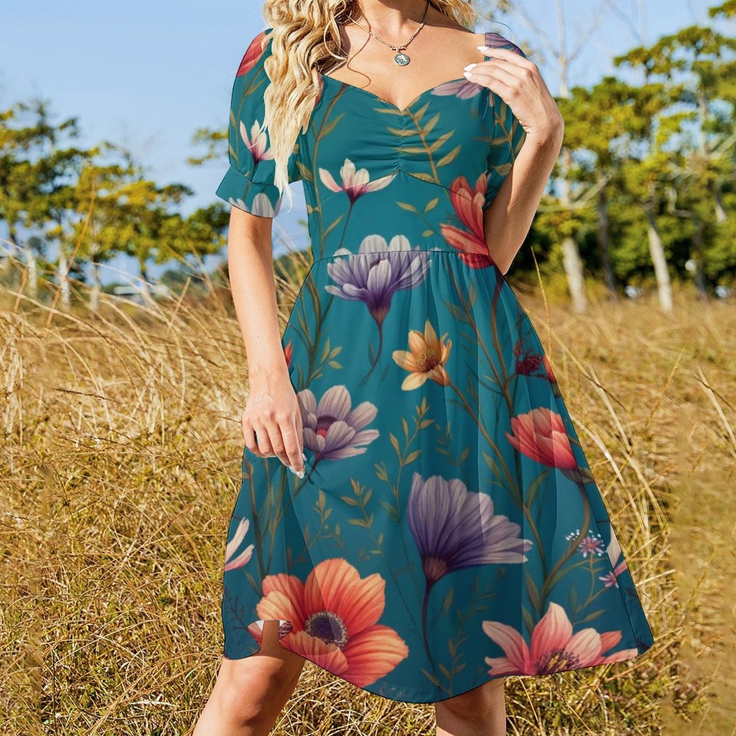 Robe Courte Évasée à Manches Bouffantes