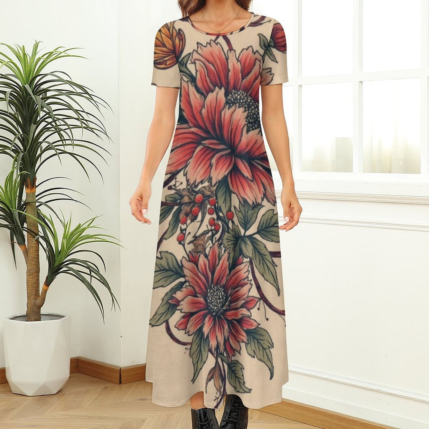 Round neck short sleeve dress Short Sleeve Round-Neck Long Dress