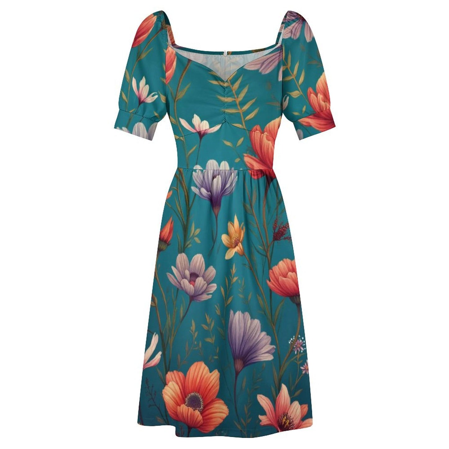 Robe Courte Évasée à Manches Bouffantes