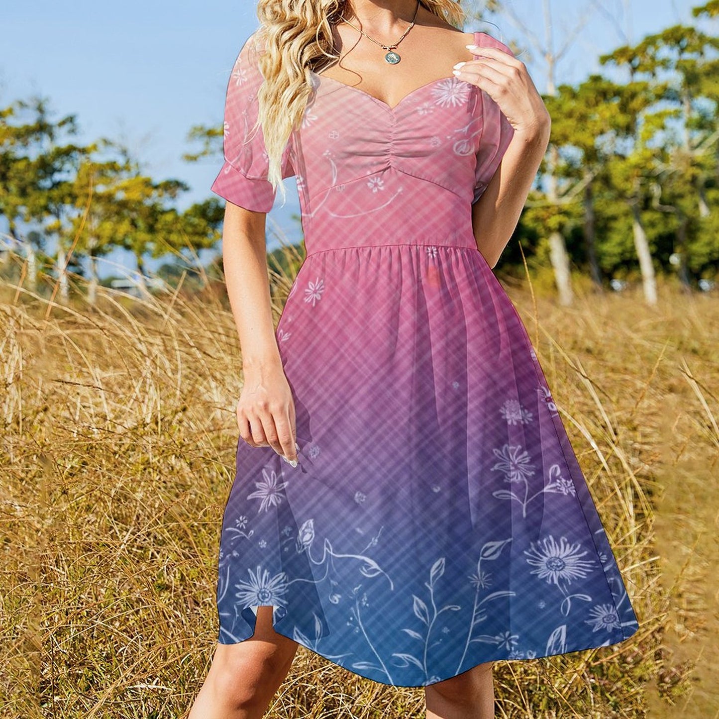Robe Courte Évasée à Manches Bouffantes