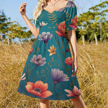 Robe Courte Évasée à Manches Bouffantes