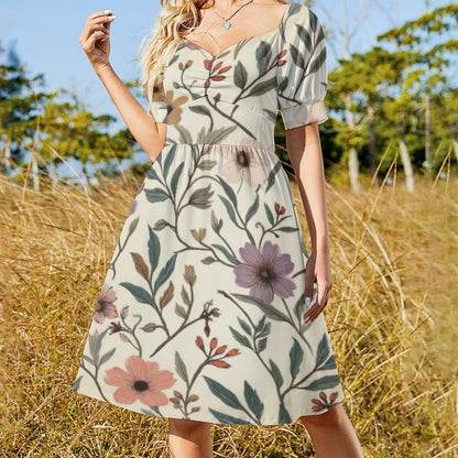Robe Courte Évasée à Manches Bouffantes