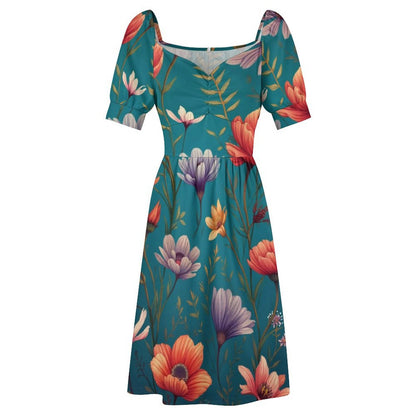 Robe Courte Évasée à Manches Bouffantes